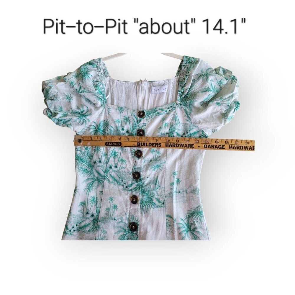Linen Lux XS Teal Palm Print Linen Blend Mini Dress Square Neck Puff Sleeve Cute - Picture 11 of 14